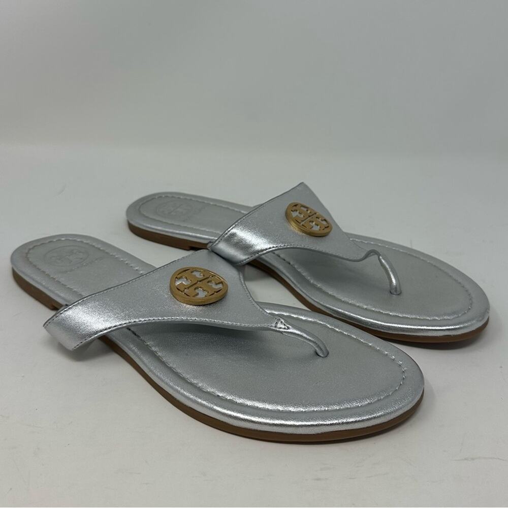 Tory Burch Benton Silver Flat Sandals Leather Size 7 Logo Shoes Designer